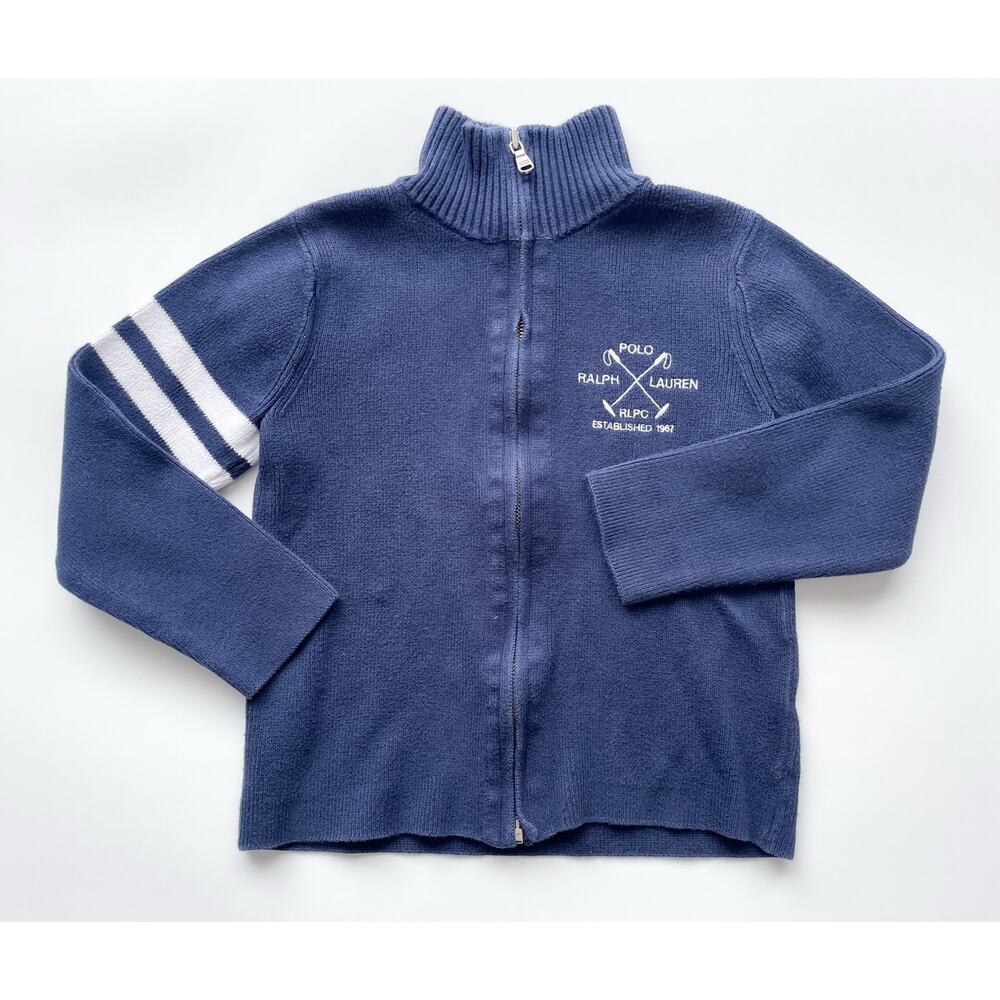 Rare Boy's Polo Ralph Lauren Navy Blue Full Zip Knit Collegiate Sweater Size 6